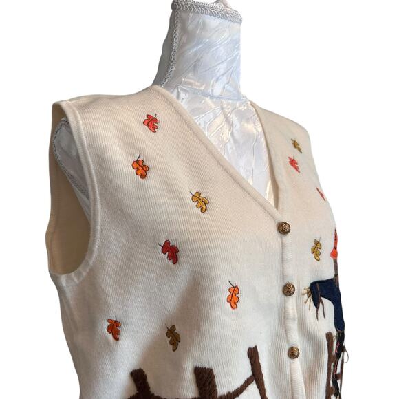 Vintage White Orange Halloween Sweater Vest Womens Sz Large Pumpkin Black Cat - Picture 12 of 16